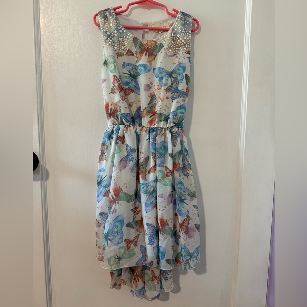 btween Multicolor Butterfly Print Dress with Pearl Details